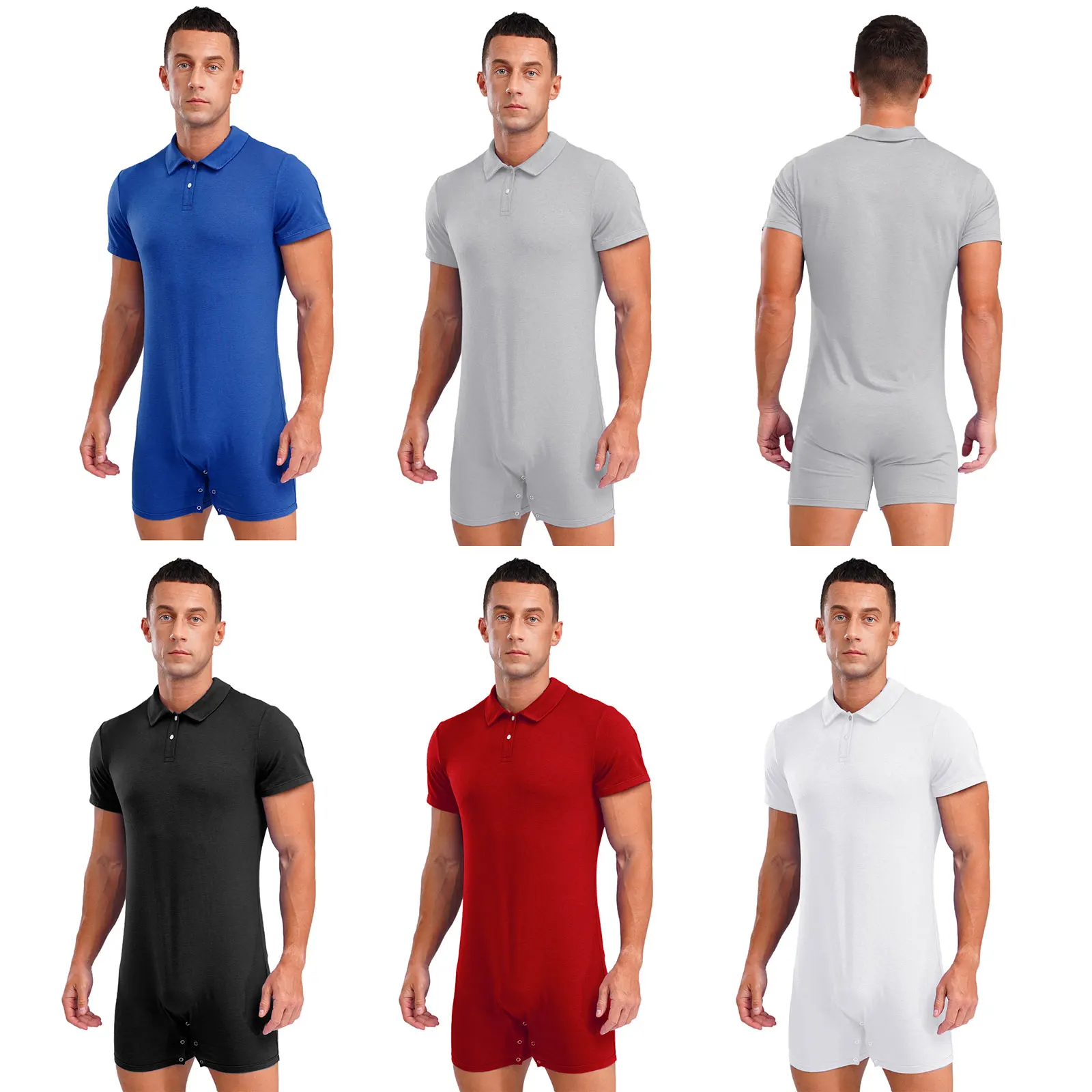 

Мужской комбинезон с воротником с лацканами и короткими рукавами на пуговицах, цельный повседневный домашний пижамный комбинезон для тренировок в тренажерном зале, фитнес-шорты, комбинезон