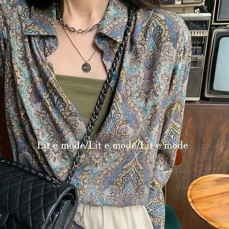 MEXZT Vintage Shirts Women Harajuku Fashion Print Long Sleeve Oversized Blouses Retro Streetwear Loose Casual Chic Cardigan Tops