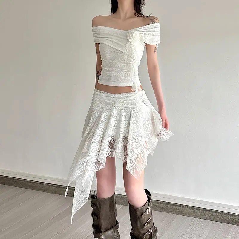 Summer 2025 Cross-Border Sle Women's Floral Decorated Lace Single oulder Top Asymmetrical  Skirt European Sle Vest