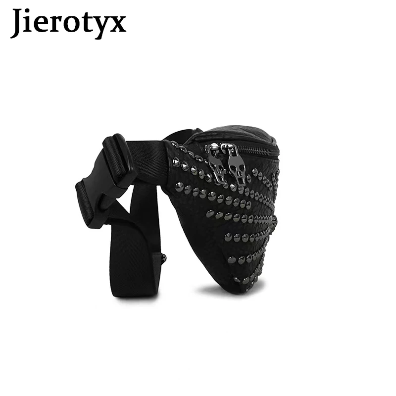 JIEROTYX Womens Black Studded Bags Faux Leather Waist Bag Fanny Pack Y2K Money Bum Bag Hip Belt Gothic Style Vintage Rivet