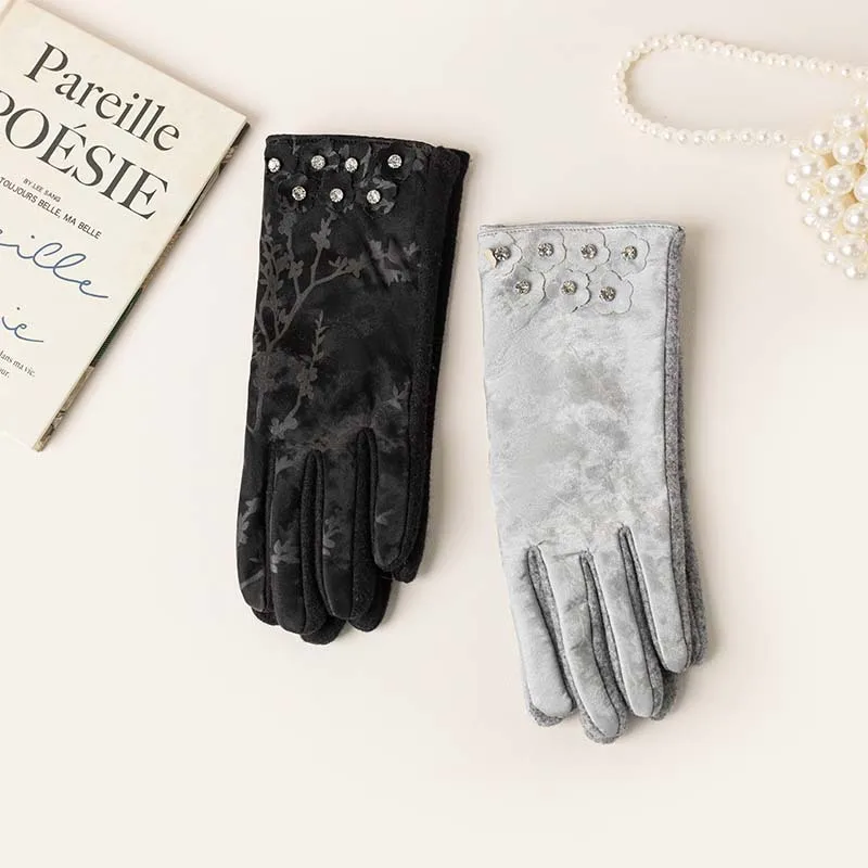 Premium Elegant Chinese Style Autumn Winter Soft Warm Windproof Gloves Floral Pattern Solid Color Diamond Trim for Women