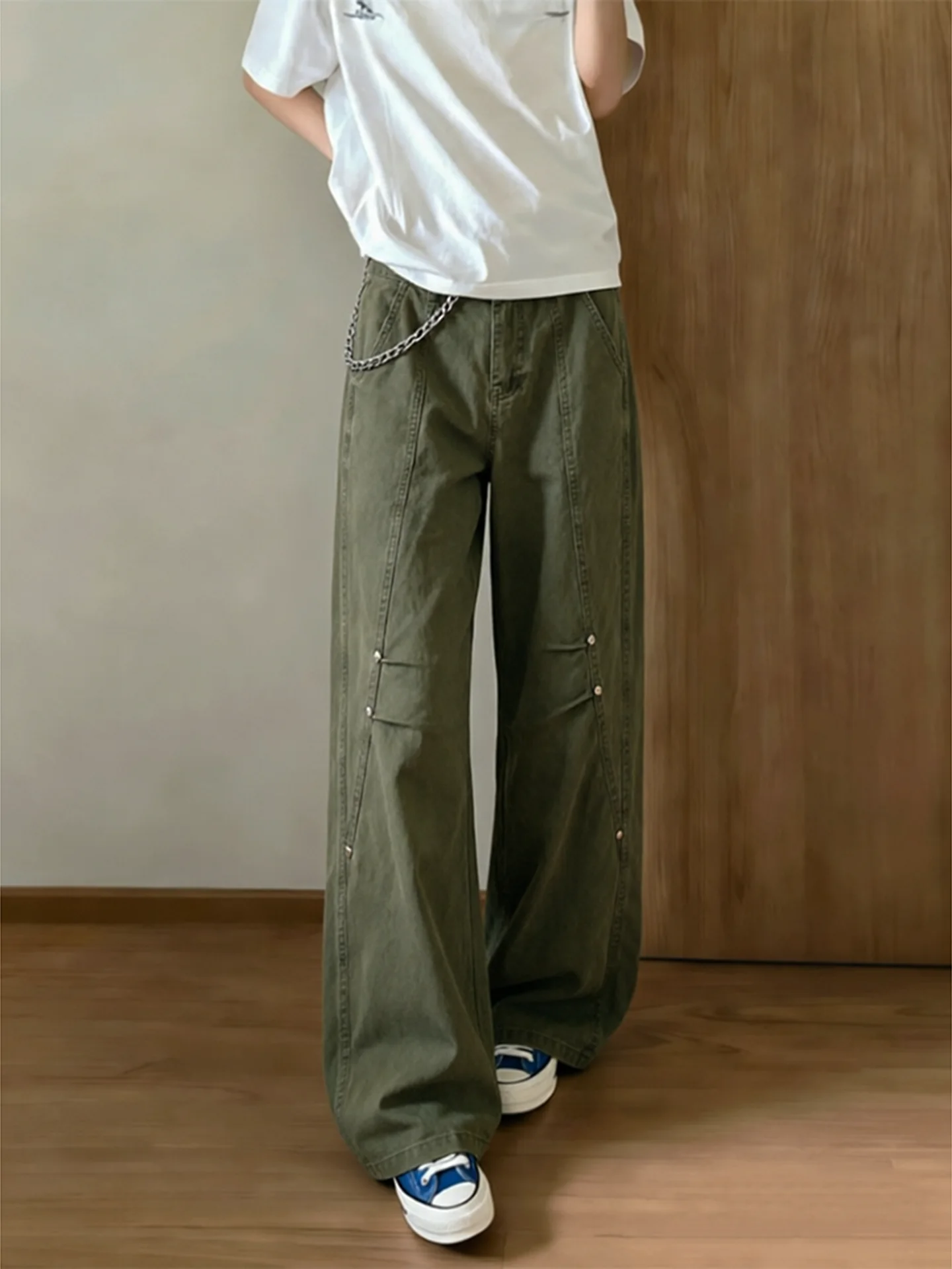 Military Green Deconstructed Workwear Jeans Men's American High Street Oblique Cut Design Straight Leg Wide Leg Logging Pants