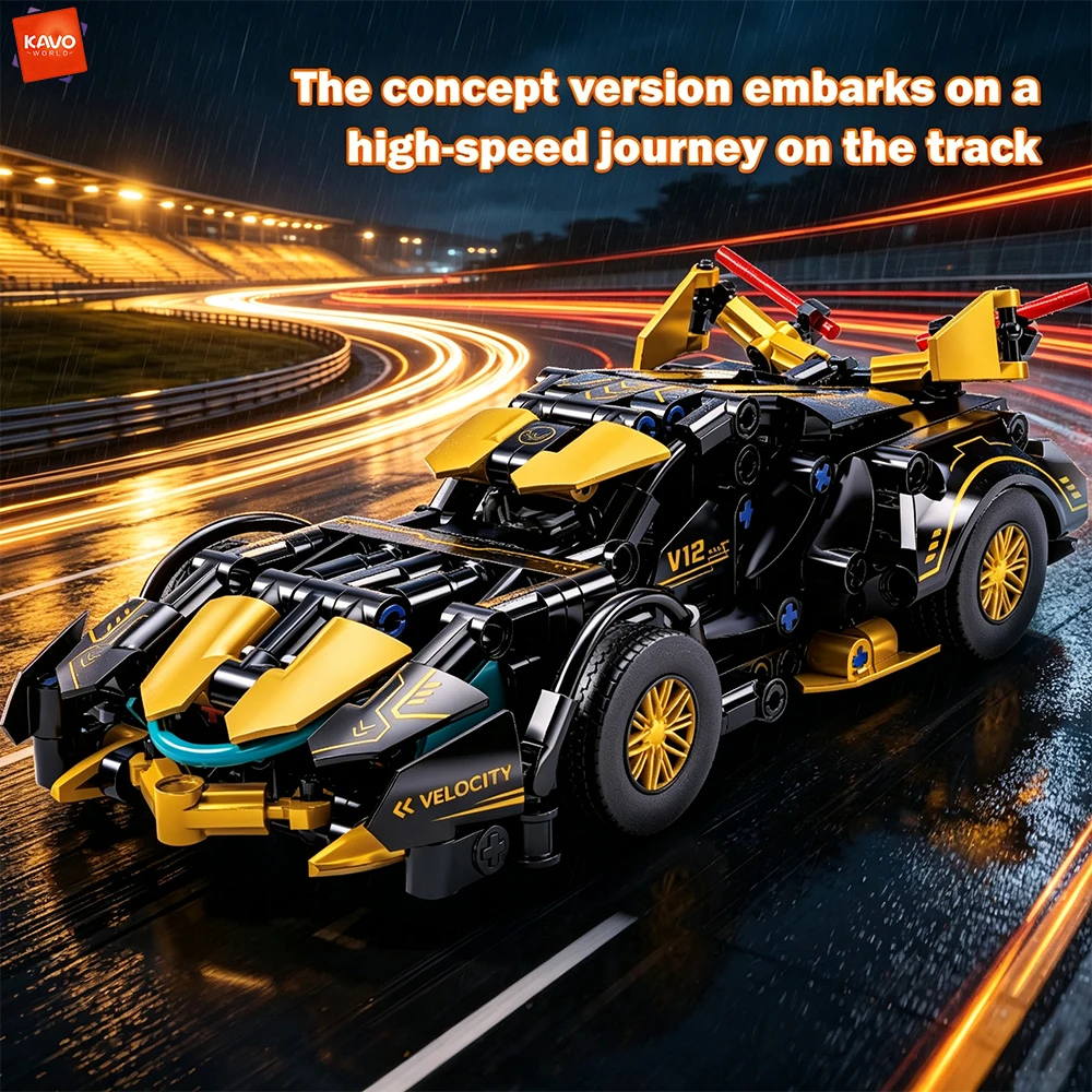 KAVOWORLD 313PCS Technical Black Gold Race Car Building Blocks Set Detailed V12 Supercar Model DIY Assembly Toys for Collectors