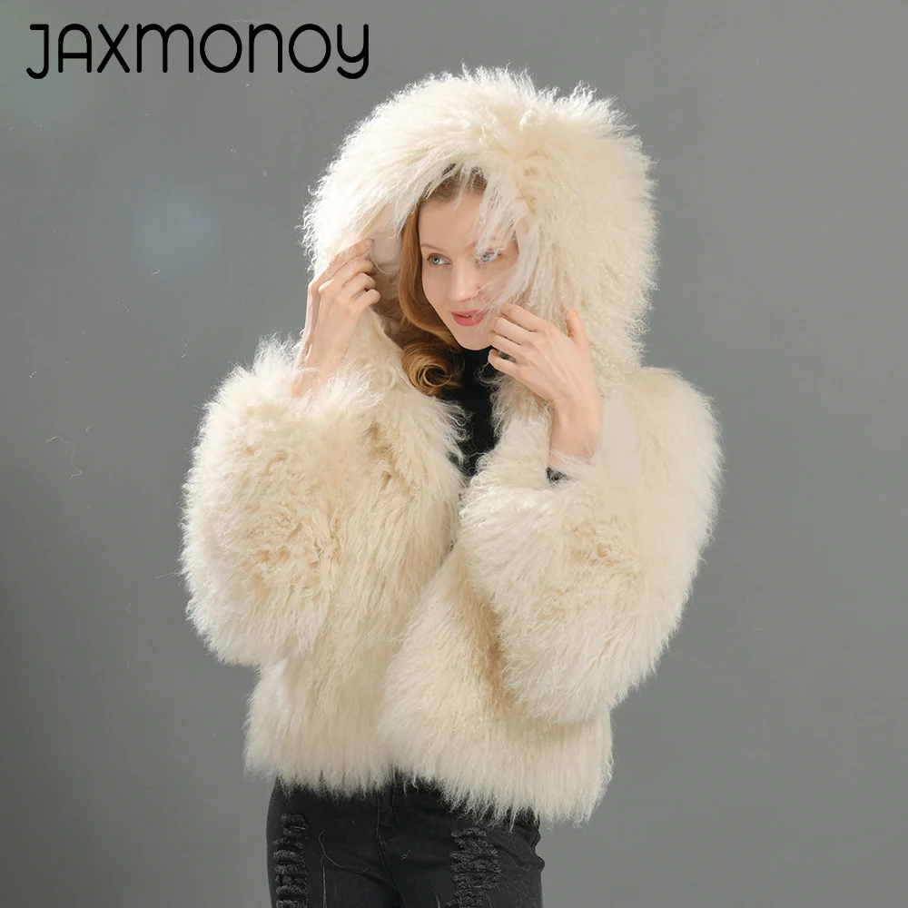 

Jaxmonoy Women Real Mongolian Sheep Fur Coats Winter New Style Hood Jacket Ladies Luxury Natural Fur Outerwear Female Solid Fall