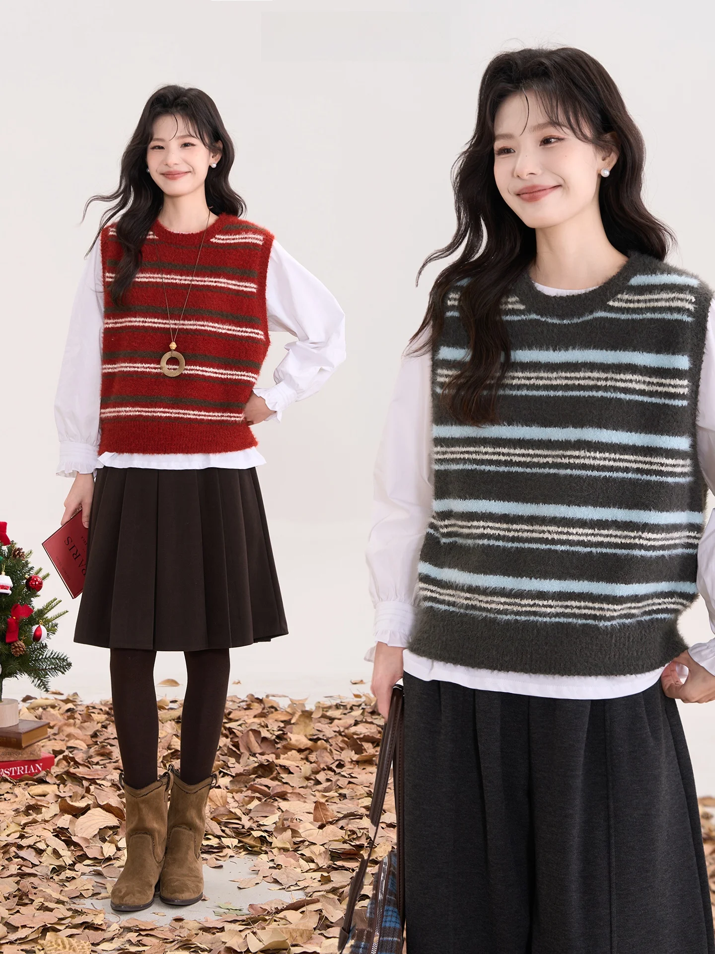 

Женский вязаный шерстяной жилет и футболка в полоску, комплект из двух предметов, свободный крой, тонкий, для электронной коммерции, размер S