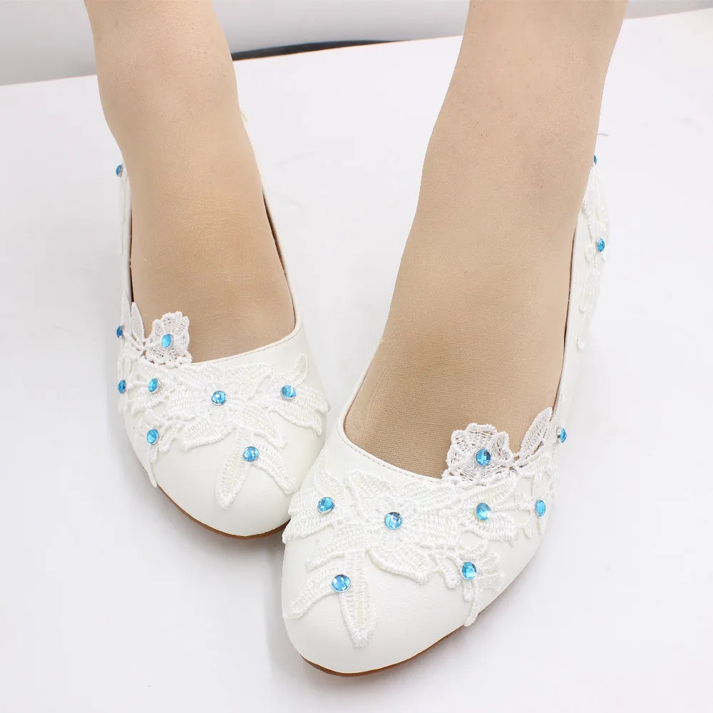 White high-heeled bridal shoes Blue rhinestones decorative wedding shoes Simple fashion soft leather shoes for women party