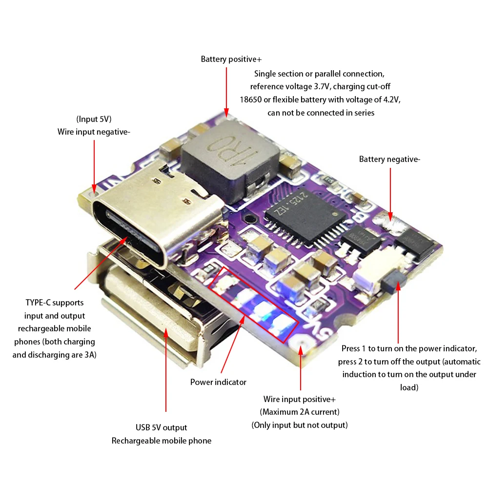 Type-C USB Boost Converter Step-Up Power Module 3A 5V to 4.2V Mobile Power Bank Accessories for Polymer Lithium Battery Charging