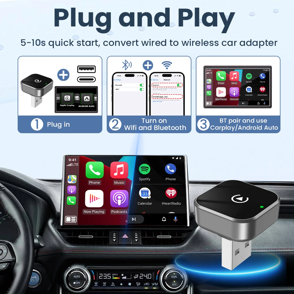 2in1 유무선 CarPlay 안드로이드 오토 어댑터, 98%의 OEM 차량용 CarPlay/안드로이드 오토 지원, 벤츠, 볼보, 폭스바겐, 토요타용 플러그 앤 플레이