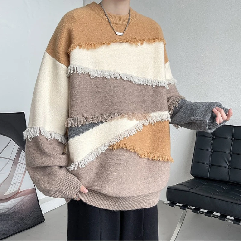 OIMG Sweater men's tassel soft textured contrasting color knit sweater men's autumn and winter new versatile item