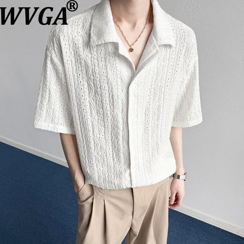 

WVGA 2026 Summer New Man Tide Fashion Hollow Out Turn-Down Collar Trendy Short Sleeve Shirt Niche Chic Casual Top Ins Y2K W20151