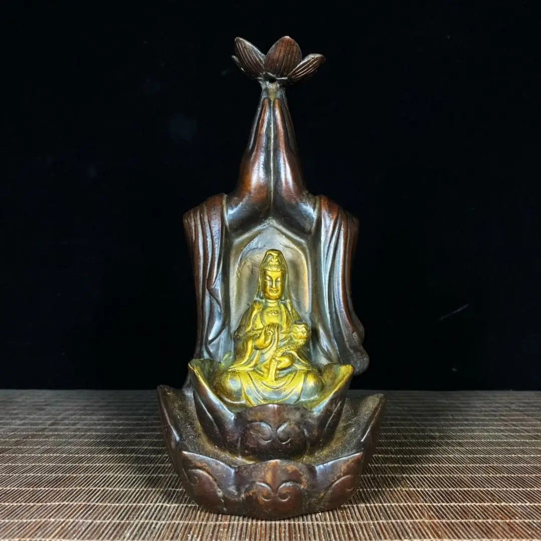 Gilt Pure Copper Backflow Incense Burner, Hands-Clasped Guanyin Bodhisattva on Lotus Base