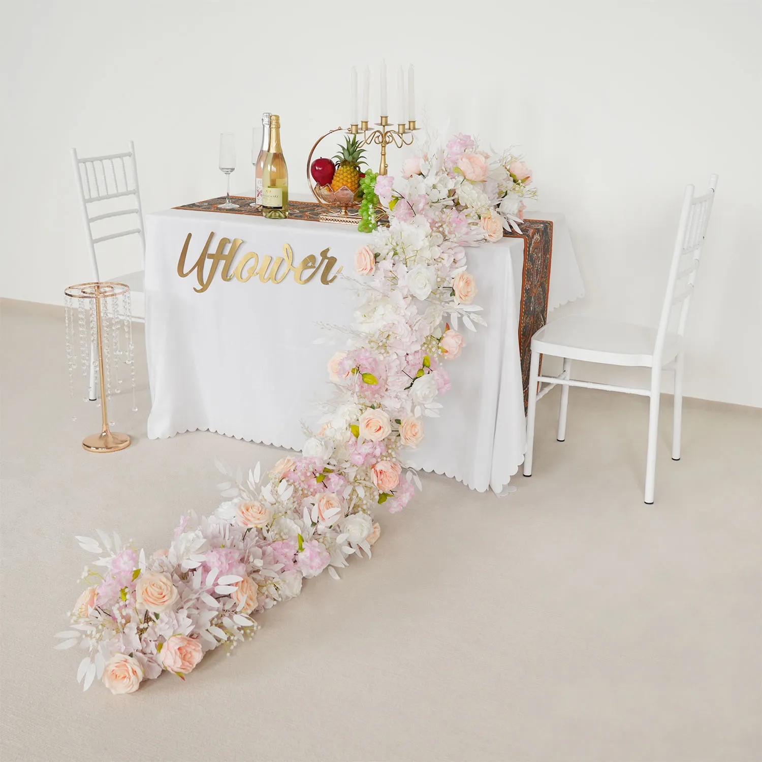 

Uflower 2m/1m Luxury Pink White Rose Artificial Flowers Wedding Backdrop Arch Decor Flower Row Event Props Flower Arrangement