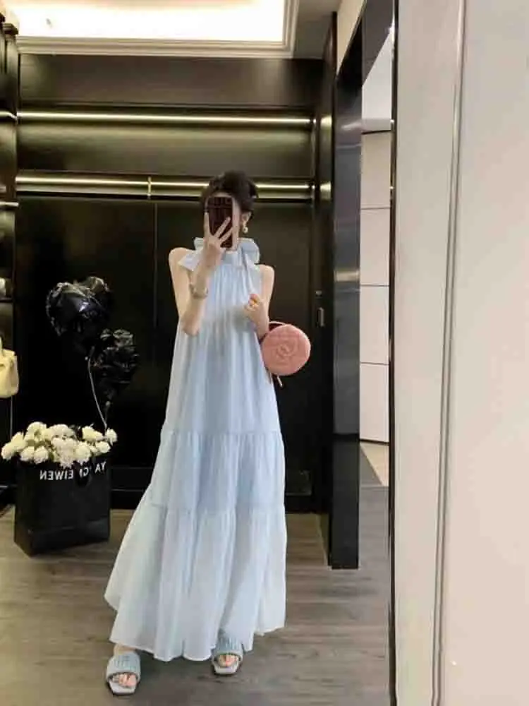 

Summer Blue Bow Dress Hanging Neck Strap Summer Long Skirt Beach Vacation Skirt Leisure Commuting Beautiful Skirt