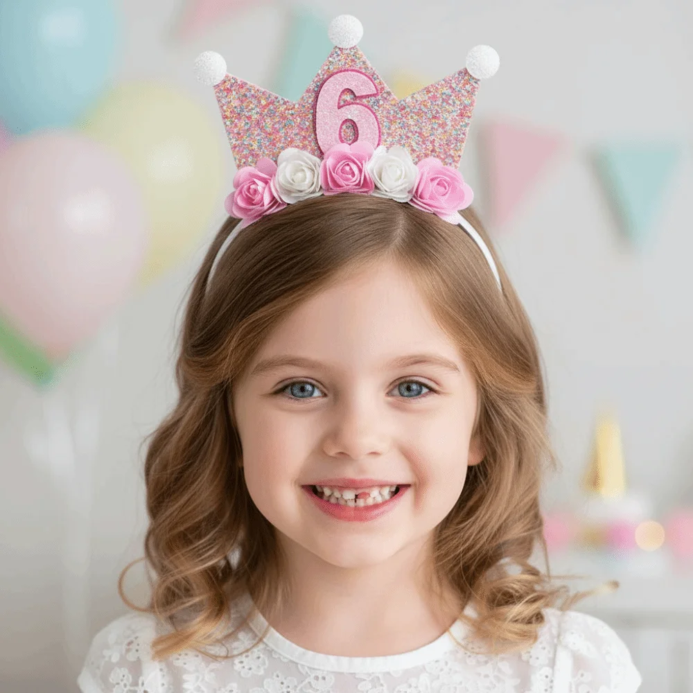 Tiara de Aniversário Infantil 2-6 Anos, Coroa de Flores Brilhante, Faixa de Cabelo Confortável e Leve para Princesas