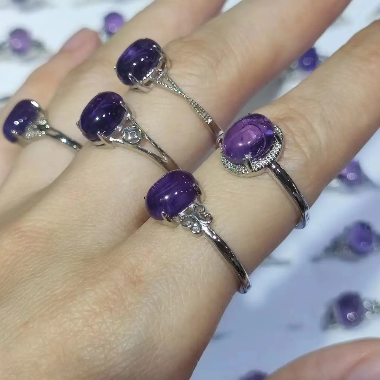 45pcs/lot White copper alloy plated 925 silver set natural amethyst ring Gifts for women size adjustable Design jewelry