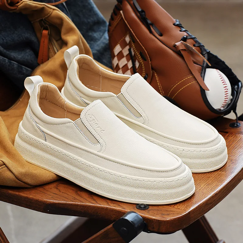 

Spring New Men Cow Leather Casual Platform Shoes Flat Skateboard Shoes Trend Slip-on Loafers