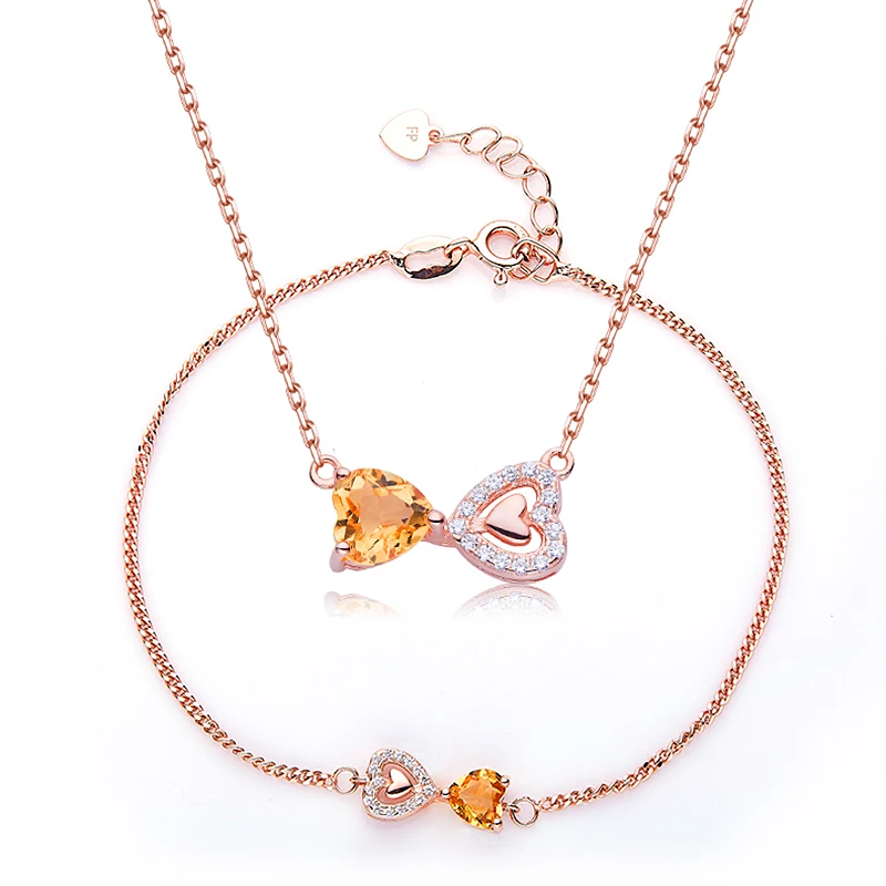 ZOCA S925 Silver Plated Rose Gold Natural Citrine Heart Necklace Bracelet Jewelry Set Ladies Friends Gift Jewelry Family Party