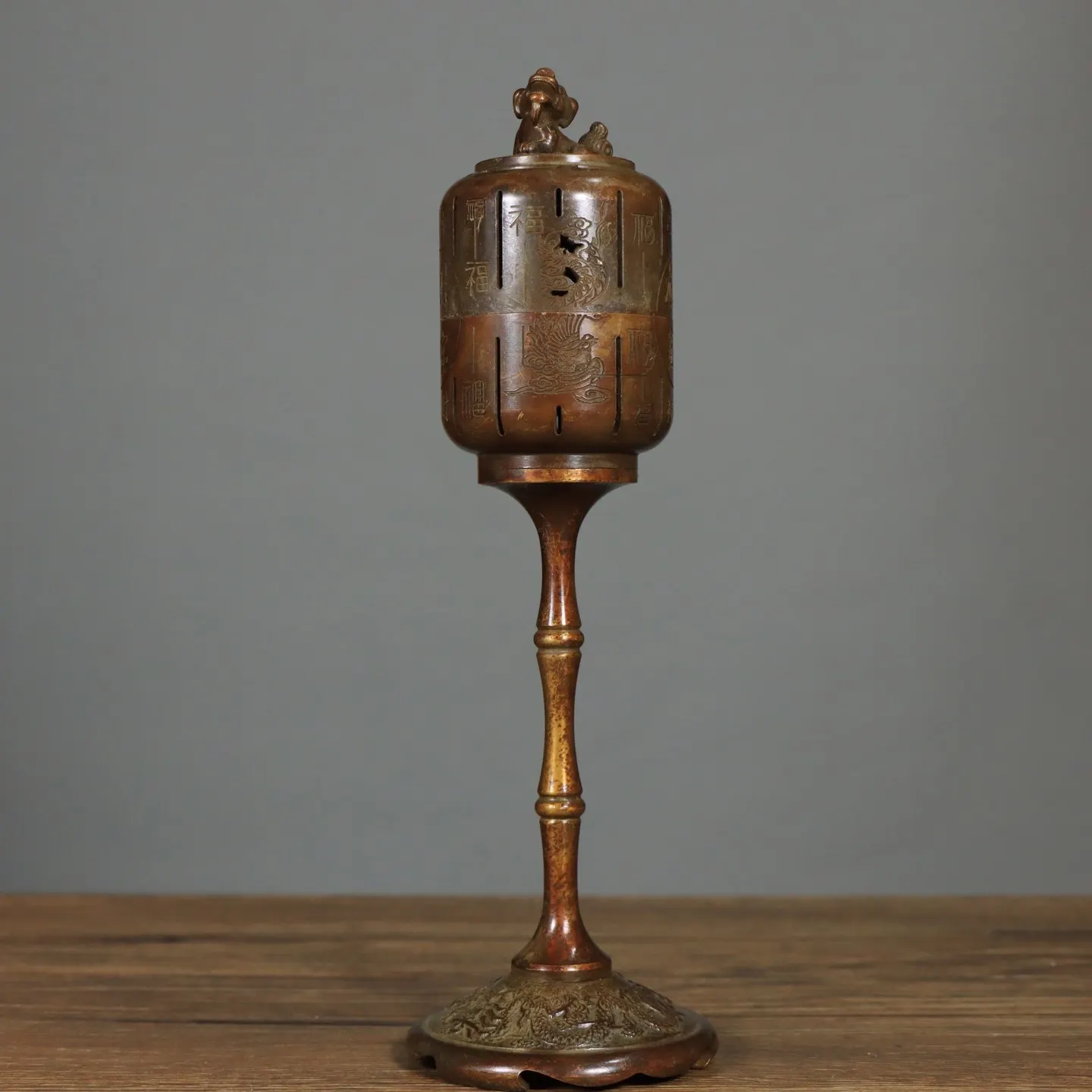 Vintage Copper Lion Palace Lantern Incense Burner Dragon Phoenix Relief Lucky Home Decor