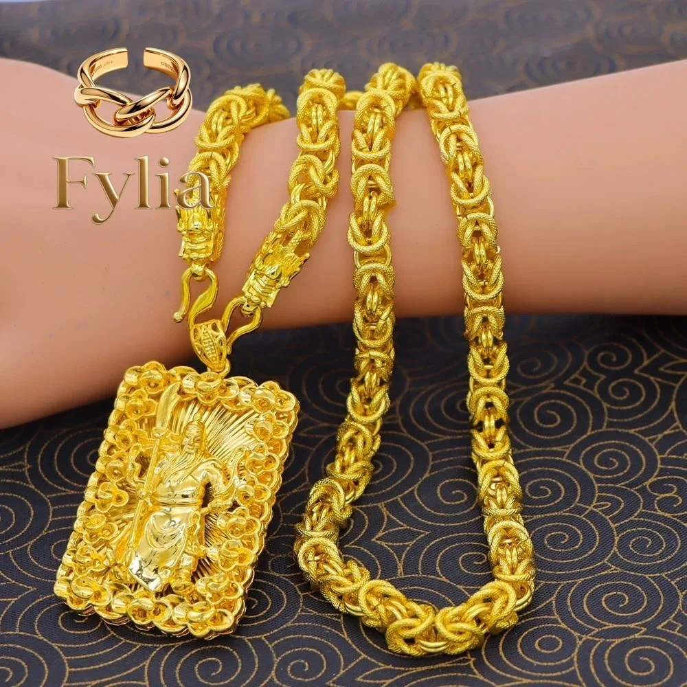 Fylia Jewelry   24K Real Gold Flame Guanyin Round Bead Necklace Pendant 9999 Men's Domineering Eagle  Square Brand Cloth Pattern