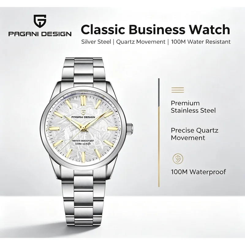 PAGANI DESIGN PD‑1734 Men Quartz Watch 100M Waterproof Stainless Steel Bracelet Meteorite Dial Business Male Wristwatch