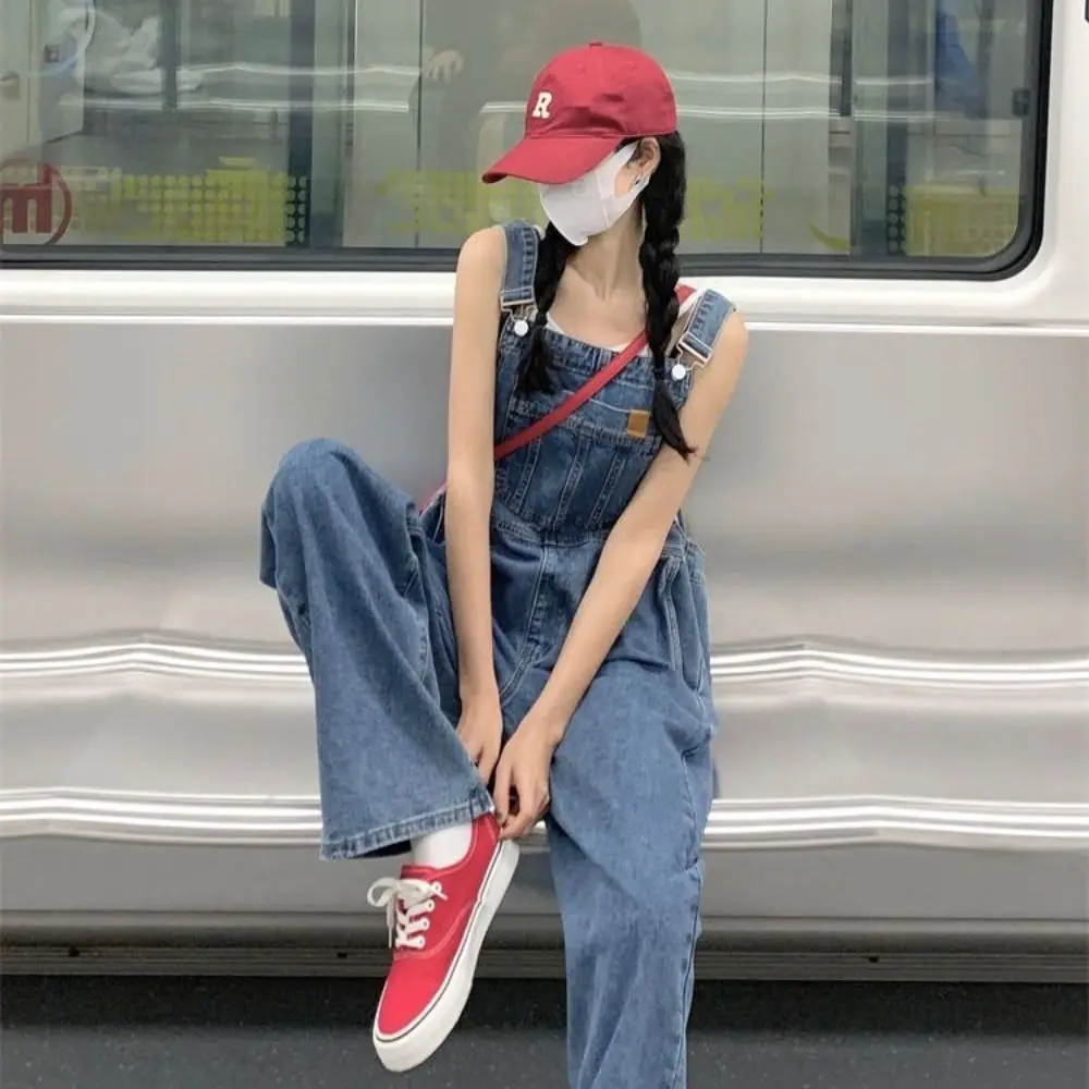 Celana panjang Jeans gaya Korea, jumpsuit Jeans pinggang tinggi tali lurus kaki lebar, celana panjang Jeans kasual longgar