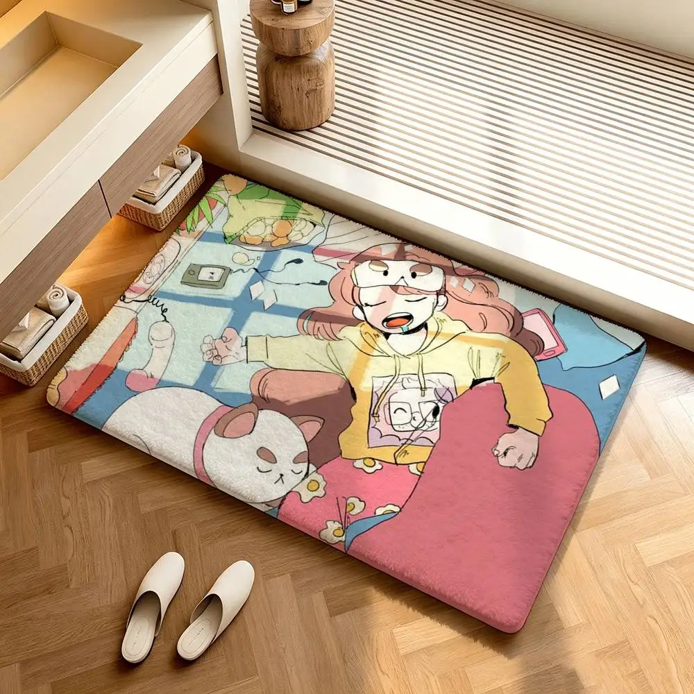Bee And Puppycat Cartoon Style Badge Shower Room Absorbent Small Floor Mat Soft Comfortable Decorative Foot Mat