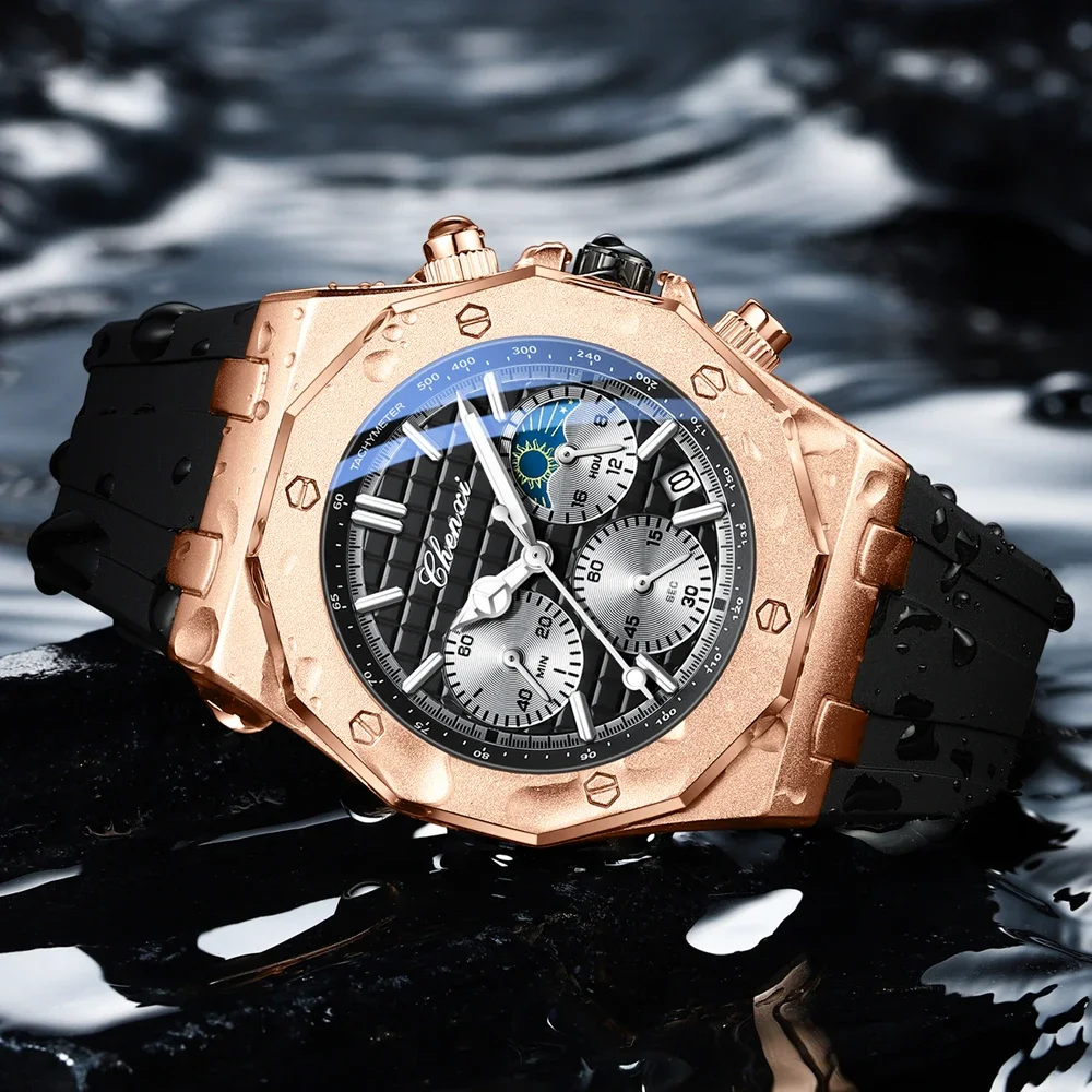 CHENXI ساعة كوارتز رياضية كرونوغراف فاخرة للرجال مقاومة للماء بحزام سيليكون مضيء موضة Relogio Masculino للرجال