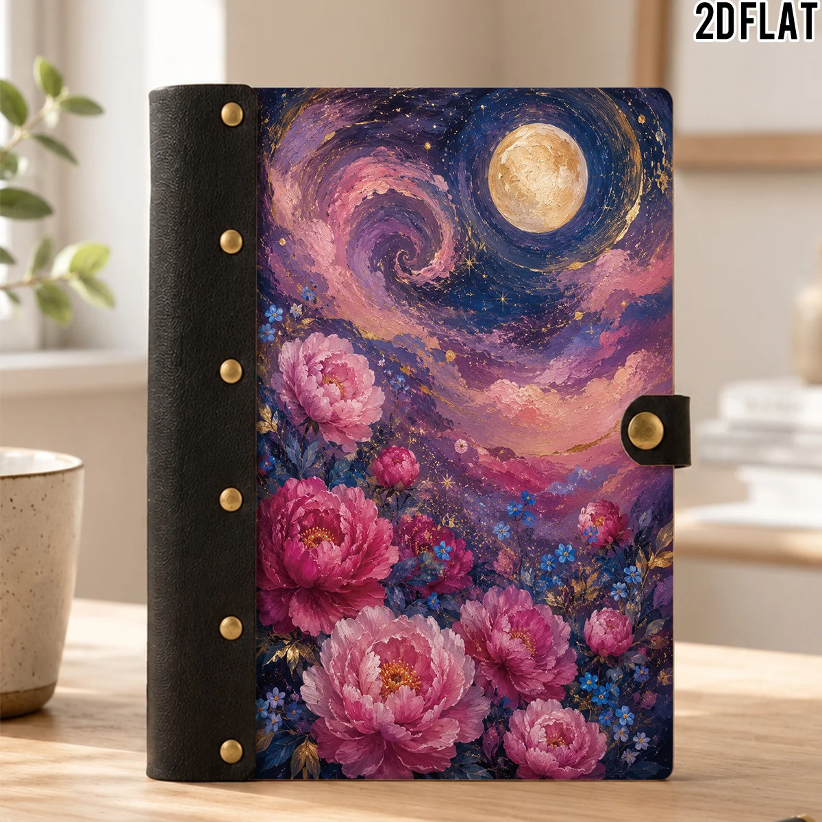1PC 2DFlat Wooden Notebook, Hardcover Pink Peony Swirl Starry Moon Wood Print, 100 Pages With Leather Rivet Craft Decoration, Wo