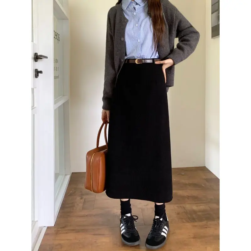 Vintage Corduroy Skirts Women Autumn Winter Elegant Fashion High Waist A-line Slim Harajuku Streetwear Midi Skirt Female Clothes