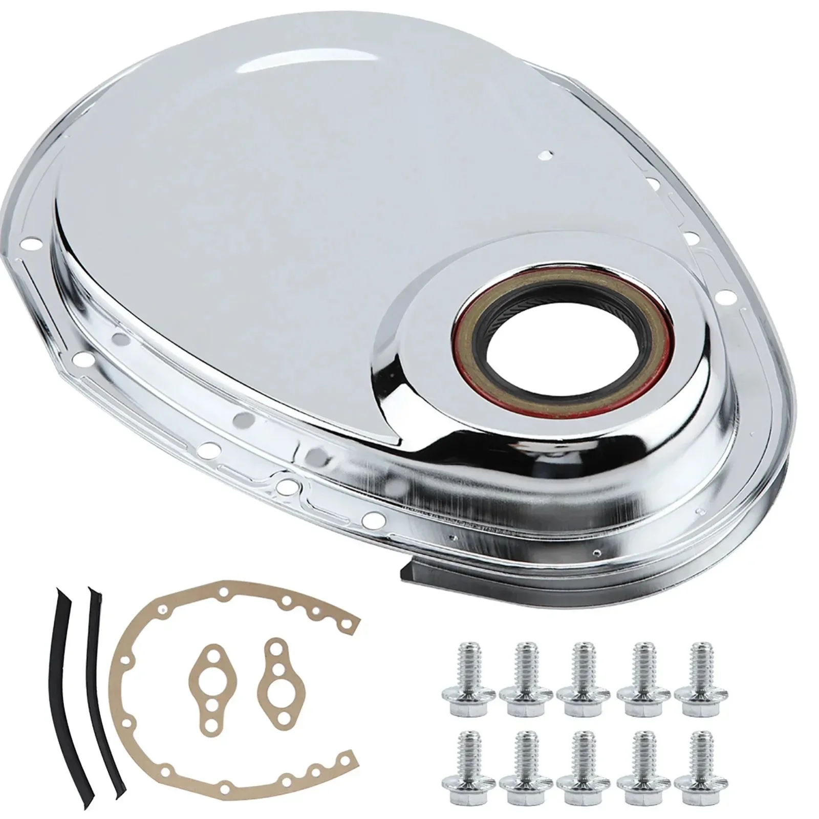 For Chevy SBC 283 327 305 350 383 400 Engines Chrome Timing Chain Cover Kits Gasket Seal Bolts Set Car Engine Bonnets Components
