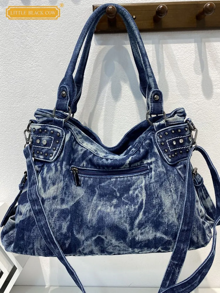 Nuova borsa a tracolla di grande capacità Harajuku borsa in Denim donna High Street Casual borse a tracolla singole rivetti Vintage Tote Casual