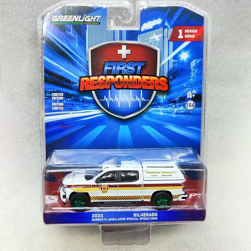 Greenlight Diecast 1:64 2020 Silverado Ambulance Green Machine Edition Alloy Simulation Car Model Classic Collection Display Toy