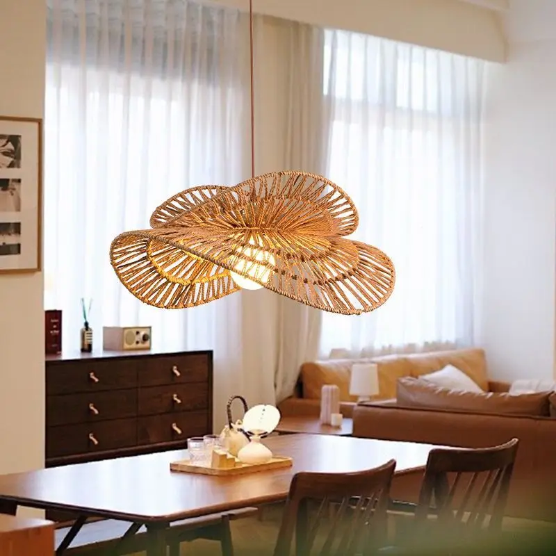Wabi-sabi Style Straw Hat Pendant Lamps for Restaurant Living Room Dining Table Kitchen Handmade Rattan Hemp Rope Hanging Lights