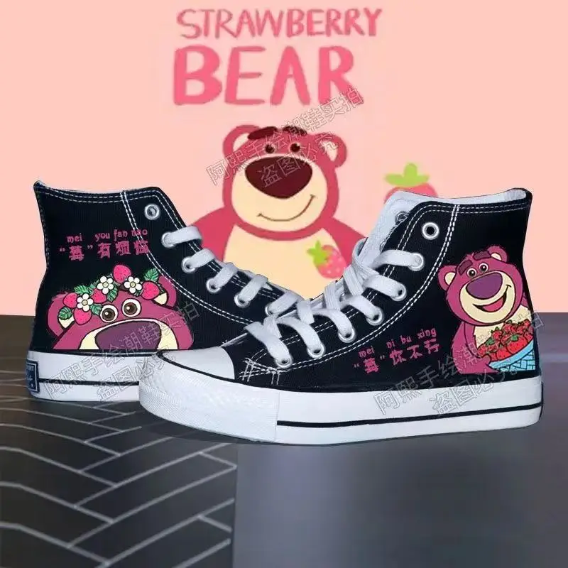 

2025 new Strawberry Bear Lotso white black Canvas Shoes High Top Female Spring Casual Board plus size women man Shoes gril flats