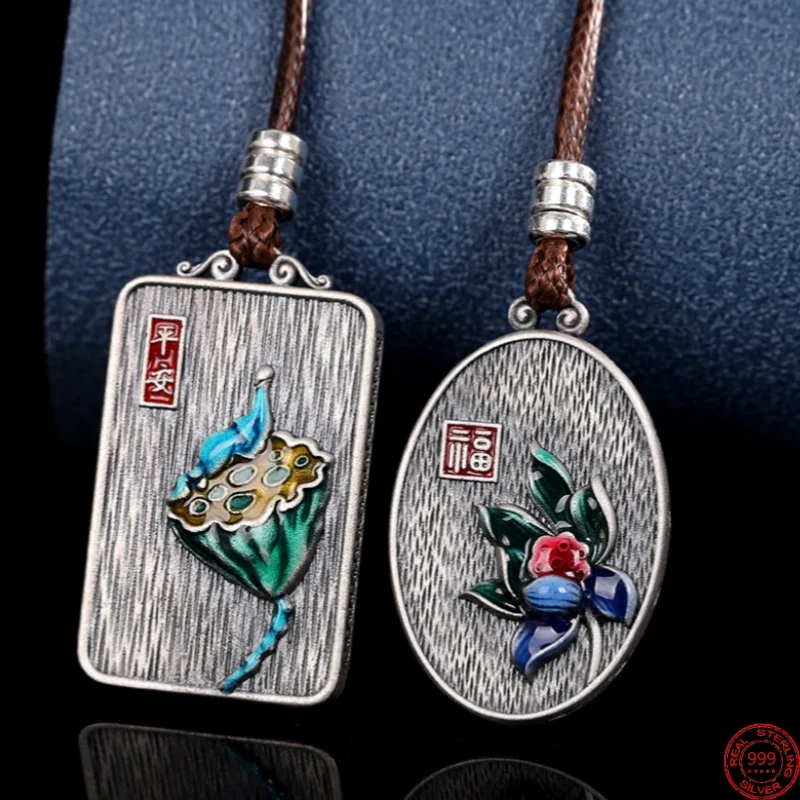 S999 Sterling Silver Pendants for Women Men New Fashion Enamel Lotus Hollow Argentum Wires Ancient Jewelry  Free Shipping