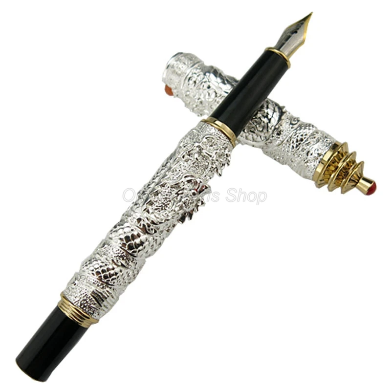 

Jinhao Silver Double Dragon Playing Pearl Embossing Tower Cap Medium Nib Fountain Pen Gold Trim Professional Office Stationery