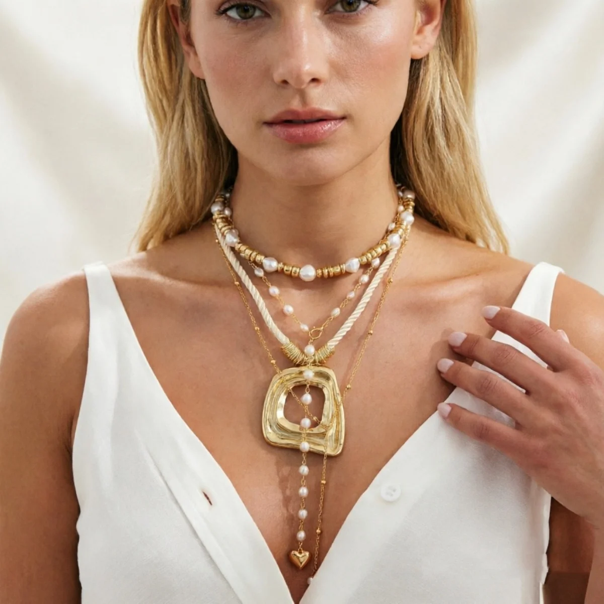 Punk Mehrschichtige Simulierte Perlen Unregelmäßiger Hohler Quadratischer Anhänger Halskette für Damen und Herren Vintage Herz-Quasten-Choker Party-Schmuck – Detail 19