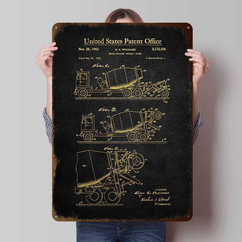 18 Zementmischer-LKW Patent-Poster, individuell bedruckt, Retro-Wandkunst, Vintage-Metallschilder für Badezimmer-Dekoration und Raumaccessoires