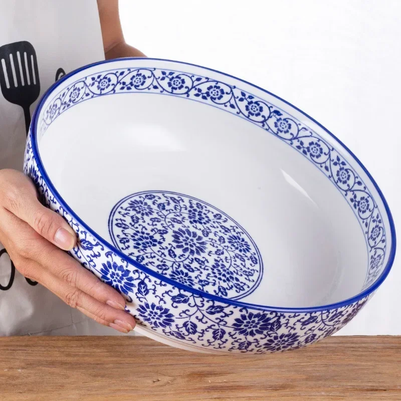 Cuenco de porcelana blanco y azul hecho a mano de Jingdezhen, cuenco grande de verduras de estilo chino, cuenco de verduras encurtidas y kimchi, lavabo