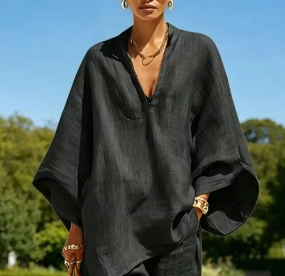 

2026 Summer New Women's Fashion Cotton Linen Lantern Sleeve Shirt Mid-waist Pants Set
