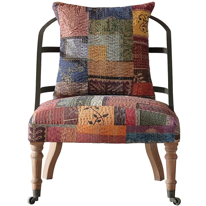 Wabi Silent Wind Hand Sewn Splicing Cloth Solid Wood Iron Back Sofa Chair
