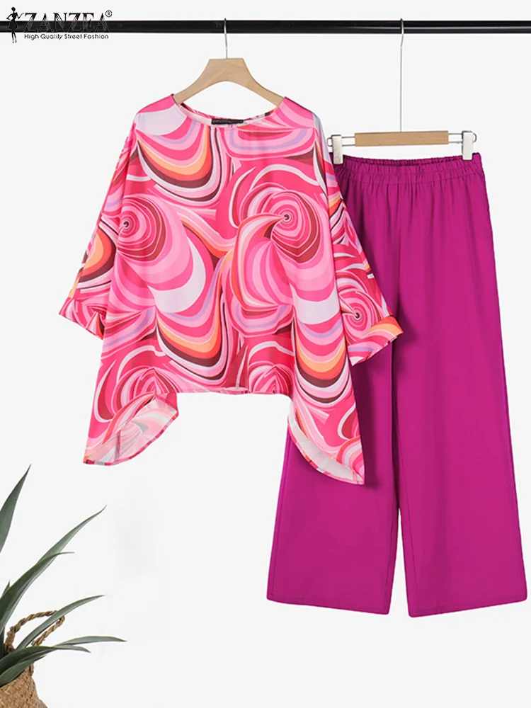 

ZANZEA Office Women Outfits Casual Matching Tracksuit Elegant 2 Piece Pant Sets Bohemian Printed Irregular Hem Top Trouser Suit