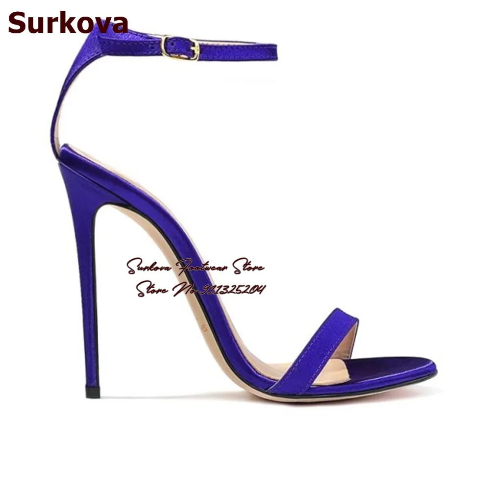 Surkova Purple Pink Satin Cloth Single Strap Sandals Sky High Heels Ankle Buckle Strap Simple Dress Shoes Size46 Summer Pumps