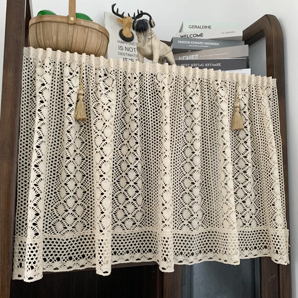 

Hollow Crochet Half Curtain Cotton Linen Cafe Curtain Door Cupboard Curtain for Study bookshelf Double-sided pasting