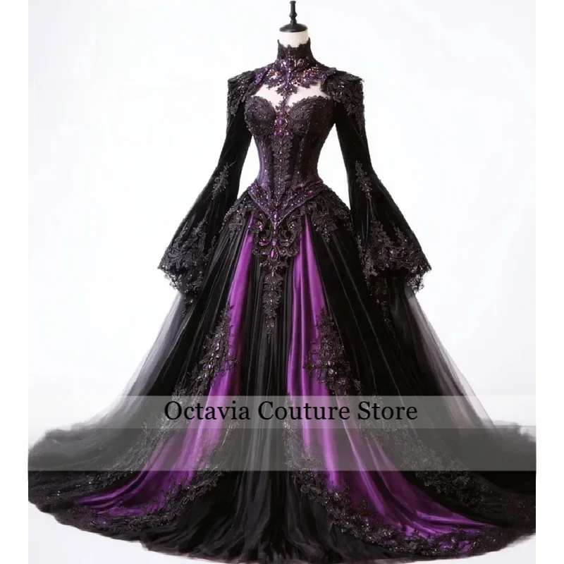 Gorgeous Purple And Black Gothic Wedding Gowns 2026 Long Sleeve Vampire Medieval Bridal Dress Elegant Victorian Garden Bride