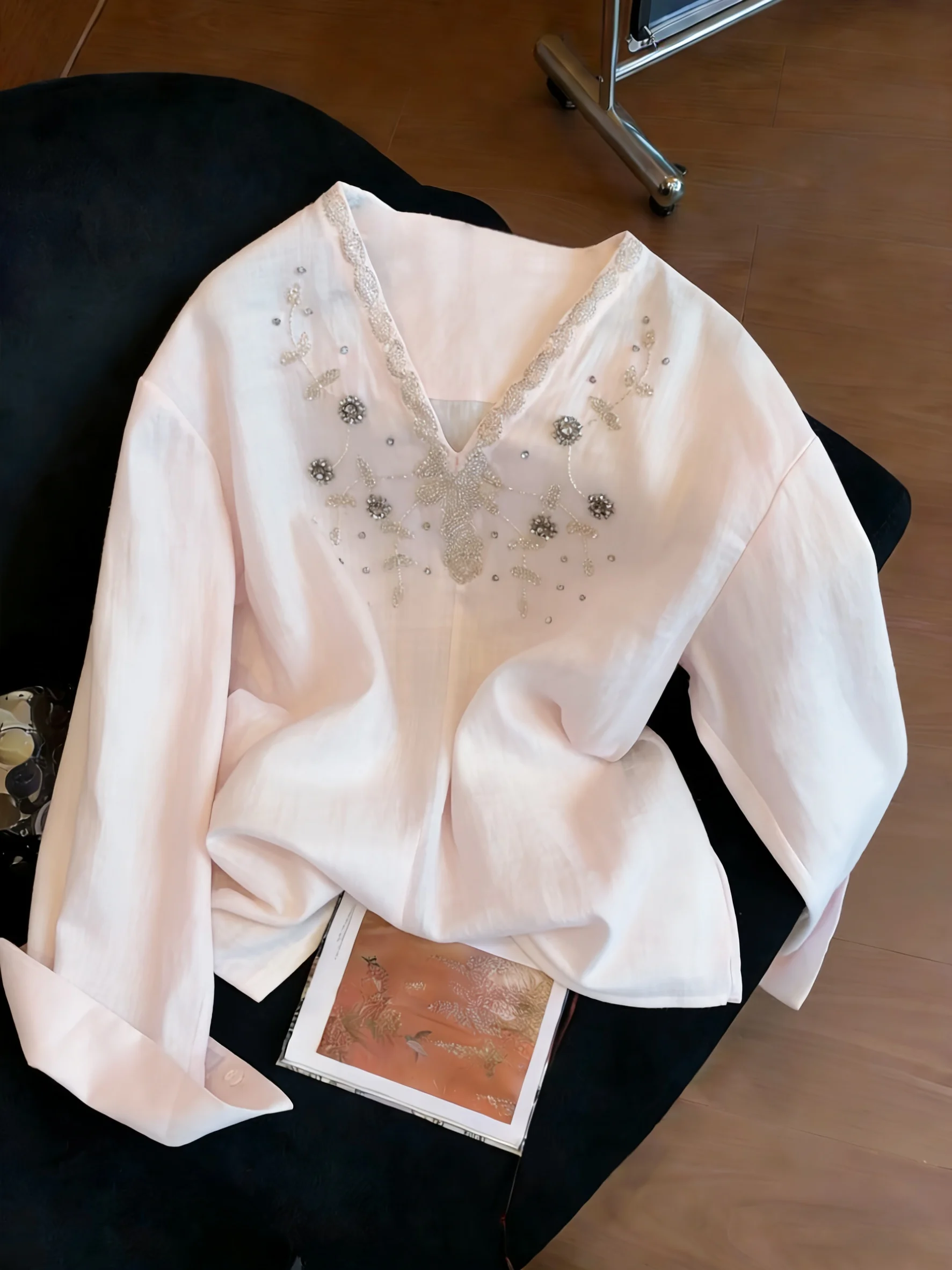 

Pink Sweet Design Heavy Embellied V-ne Long Sve Women's Casual irt Spring Autumn Korean Sle Age-defng Versatile