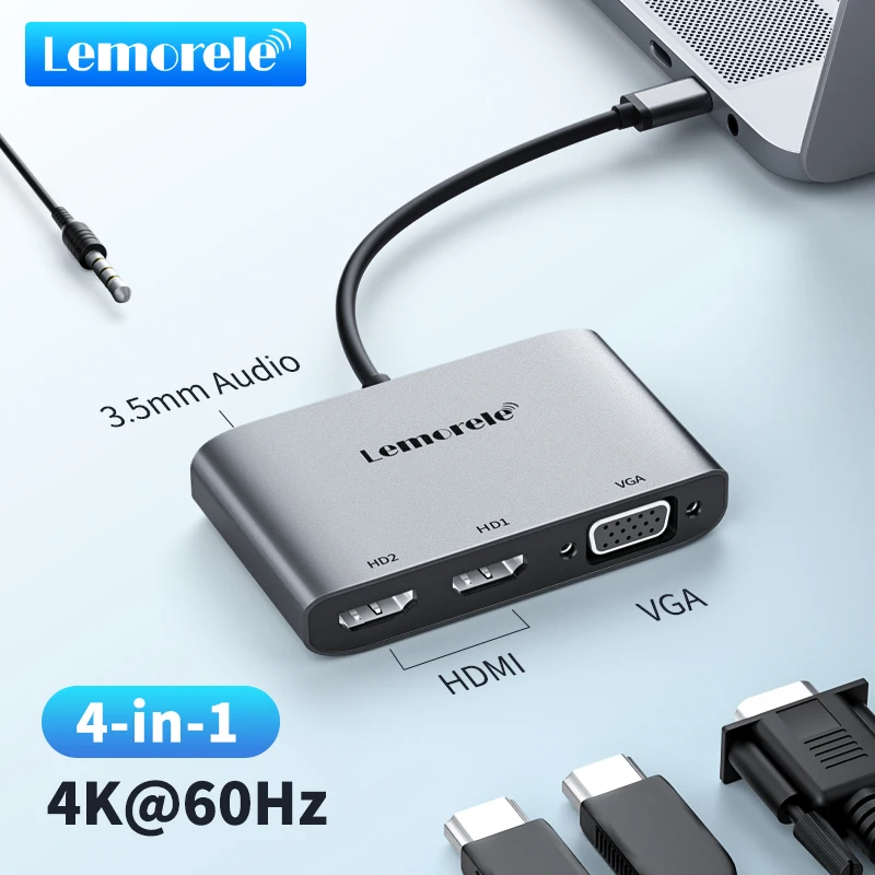 

Lemorele TC20 4K USB C к HDMI/VGA адаптеру с двухрежимным экраном и зеркалом для ноутбука, телефона, ТВ-монитора, проектора с аудио