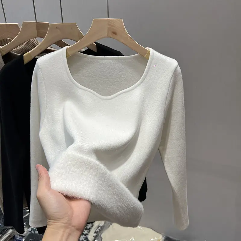 

Fleece Lined Knit Sweater Women Winter Thickened Low Neck Thermal Base Layer Top