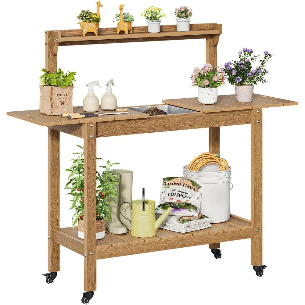 

HDPS Outdoor Potting Bench with Sliding Tabletop/ 4 Wheels/Removable Sink, All-Weather Outside Garden Work Table, No Rust/Fade/B
