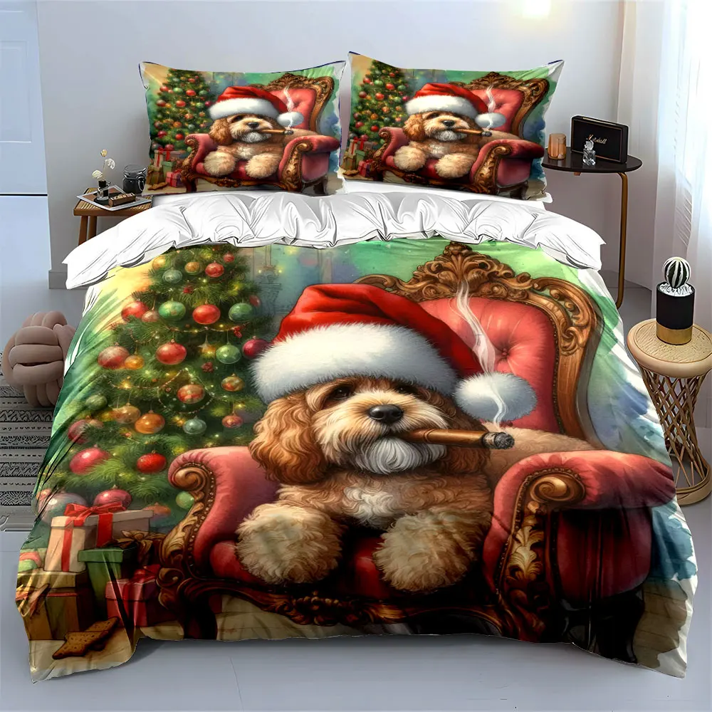 A festive dog in a Santa hat relaxes with a cigar. Print Duvet Cover Bedding Set Included 1*Duvet Cover 2*Pillowcases